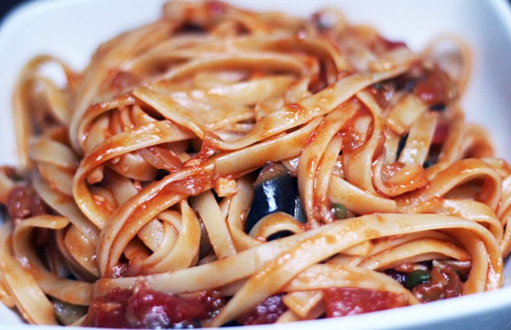 Fettuccine with Eggplant and Capers in Tomato Sauce 