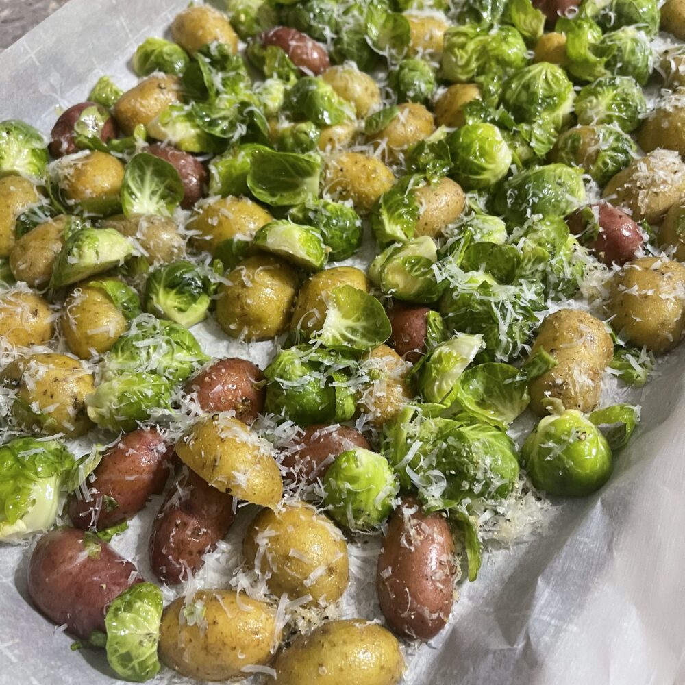 Cheesy, Roasted, Potatoes and Brussels Sprouts